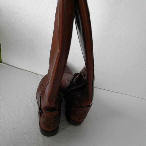 TORY BURCH DERBY TAN BROWN LEATHER RIDING BOOTS LOGO SZ 8M - Picture 3 of 8